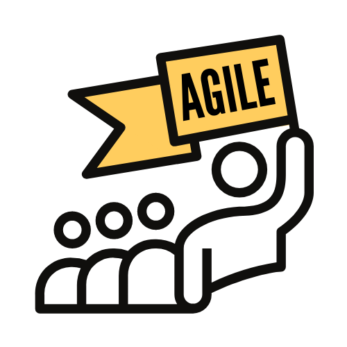 Person holding flag that says Agile.Line art.